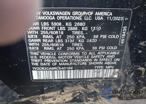 2024 Volkswagen Atlas 2.0T Peak Edition Se W/Technology from USA, damaged, VIN 1V2CR2CA6RC540188